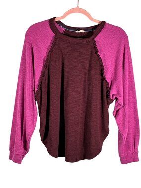 Pilcro Anthropologie Ruffled Raglan Dolman Thermal Top XS Burgundy & Pink Loose
